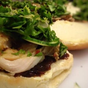 Barbecue chicken with onion relish and cucumber salad
